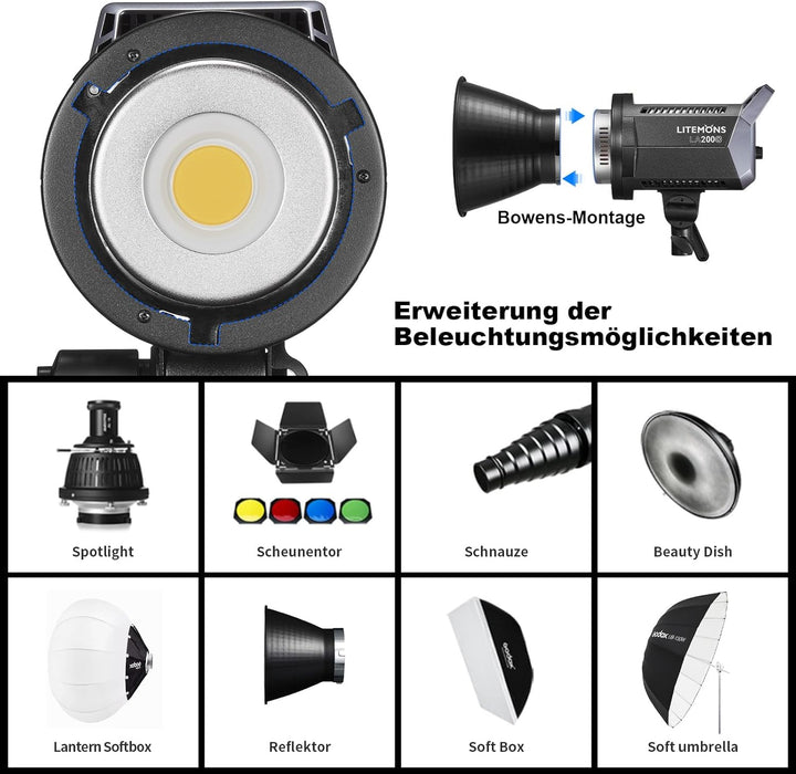 Godox LA200D 230W LED Tageslicht Videoleuchte,5600K CRI 96+ TLCI 97+,101000lux@1m Studiolicht Fotogr