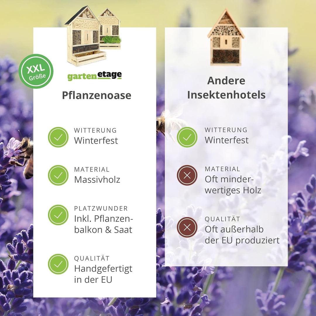 GARTENETAGE Stehendes Insektenhotel XXL mit Pflanzenoase Lavendel - inkl. Anzuchtset/Naturbelassenes