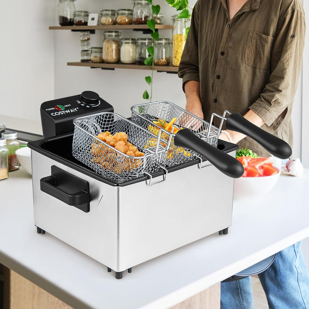 COSTWAY 2000W Elektrische Öl-Fritteuse, 5L Fritteuse Edelstahl mit 3 Frittierkörben, einstellbare Te
