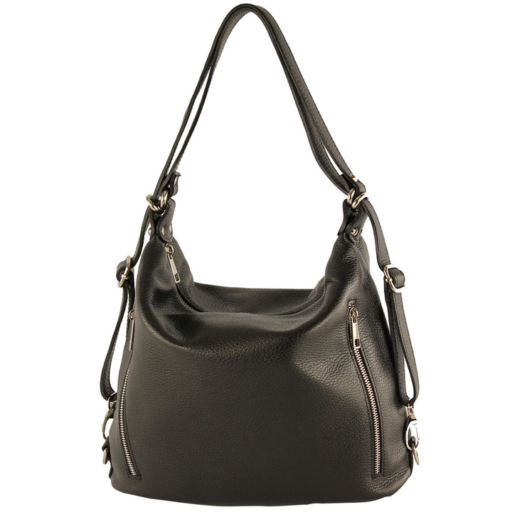 modamoda de - T249 - ital. Damen Rucksack Tasche 2 in 1 aus Leder Schwarz, Schwarz