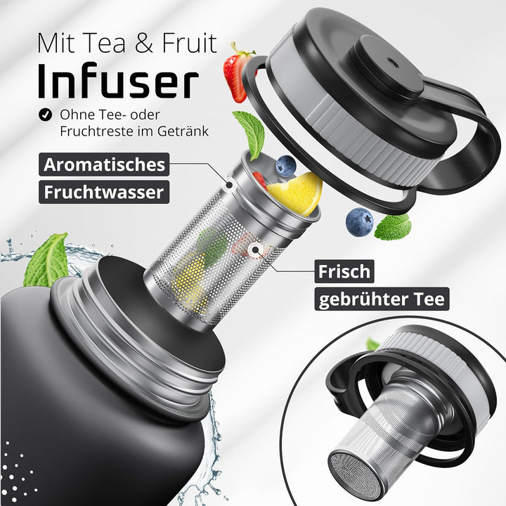 Trinkflasche Edelstahl ACTIVE FLASK + Strohhalm (3 Deckel) BPA-frei, Auslaufsicher, Kohlensäure geei