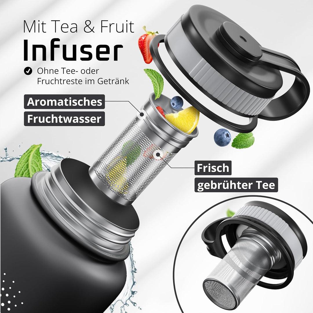Trinkflasche Edelstahl ACTIVE FLASK + Strohhalm (3 Deckel) BPA-frei, Auslaufsicher, Kohlensäure geei