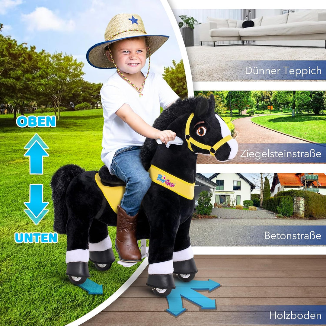 PonyCycle Spielpferd zum reiten, für Kinder 4–7 Jahre, 90cm Hoch, Reitpferd auf Rollen mit Handbrems