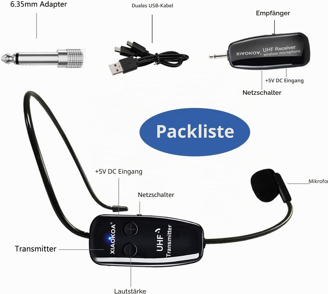 Kabelloses Mikrofon Headset, UHF Kabelloser Mic, USB-C Ladeanschluss Drahtloses Microphone, 50m Kabe