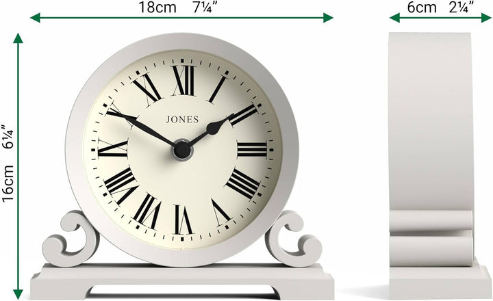 JONES CLOCKS® Saloon Kaminsims Uhr | Klein traditionelles doppelschneckendesign | Grau | Römische zi