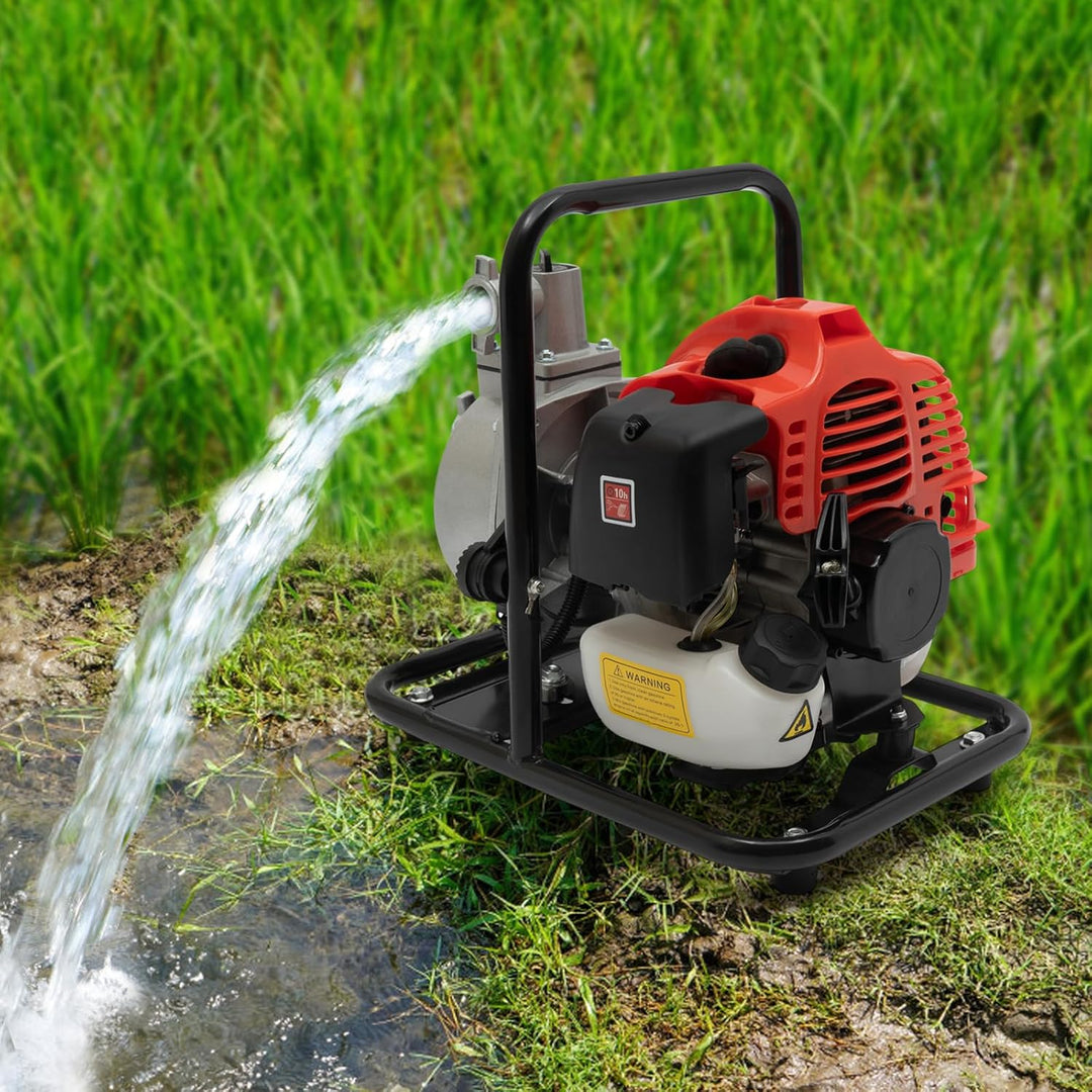2-Takt Benzin Wasserpumpe 40CC, 1.25 KW/6500 RPM Motor Gartenpumpe Schmutzwasserpumpe mit Einzylinde