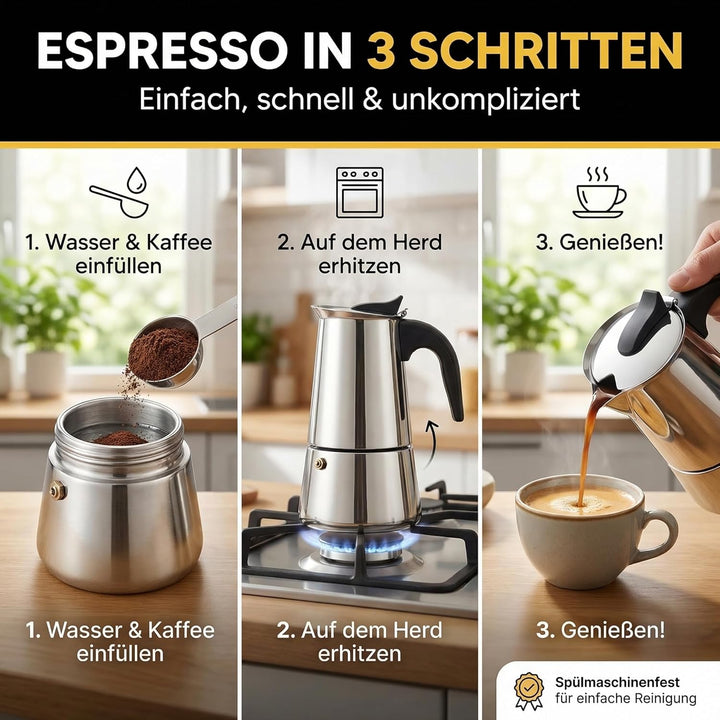Coffee Fox® Espressokocher aus Edelstahl - Kaffeebereiter Kaffeekocher Espresso-Kanne (9 Tassen - 45