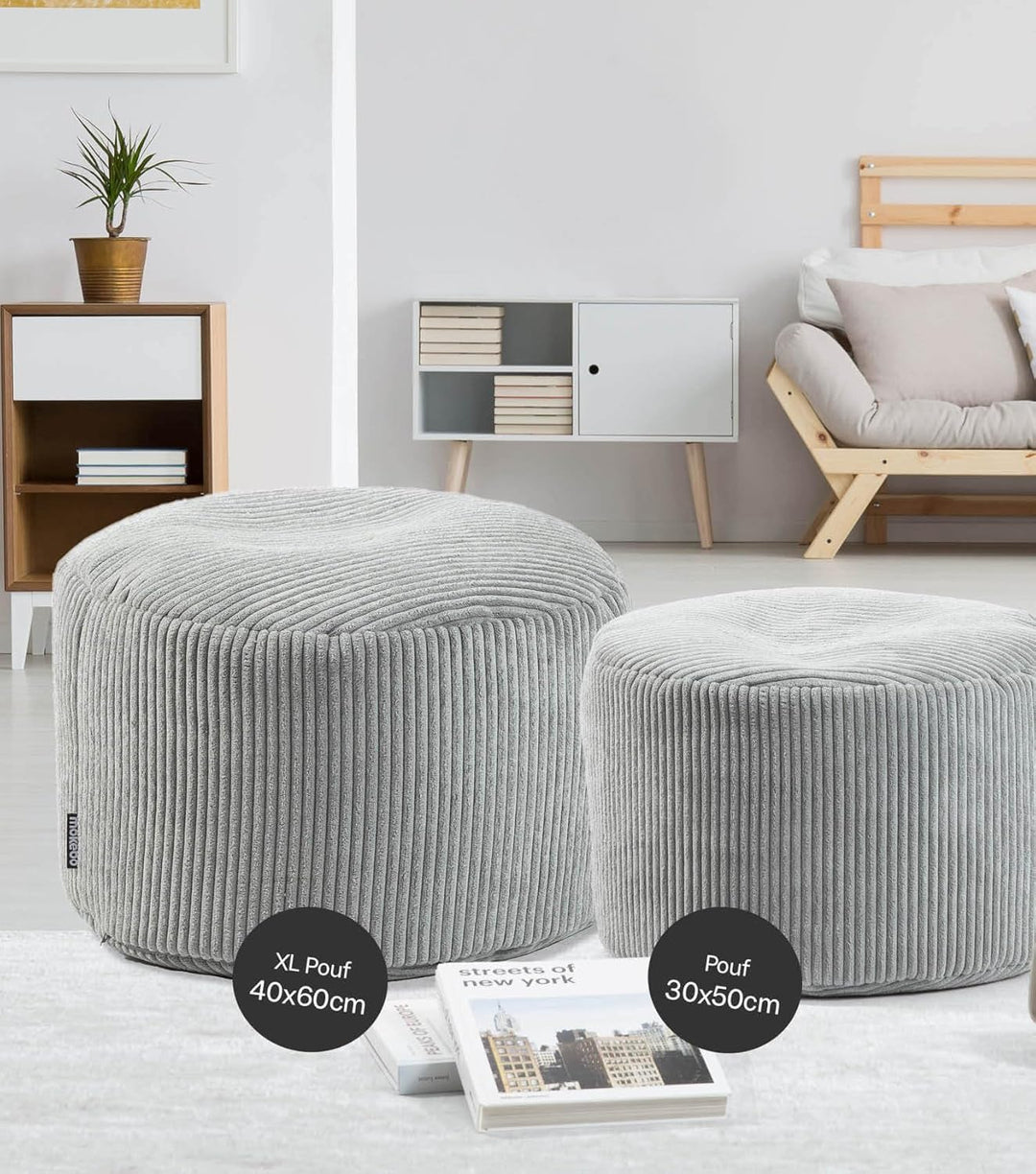 mokebo® Pouf, Hocker o. Sitzhocker aus Cord 30x50 cm 'Der Faule Lenz', Bodenkissen in Grau, Fusshock