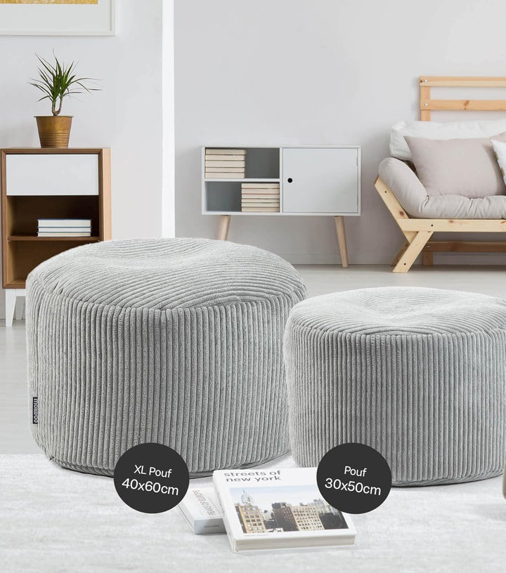 mokebo® Pouf, Hocker o. Sitzhocker aus Cord 40x60 cm 'Der Faule Lenz', Bodenkissen rund in Grau, Fus
