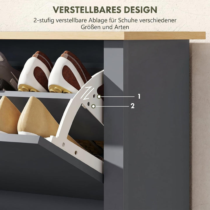HOMCOM Schuhschrank mit 2 Klappen Schmal 72 x 26 x 80 cm Dunkelgrau | Schuhkipper mit verstellbar Tr