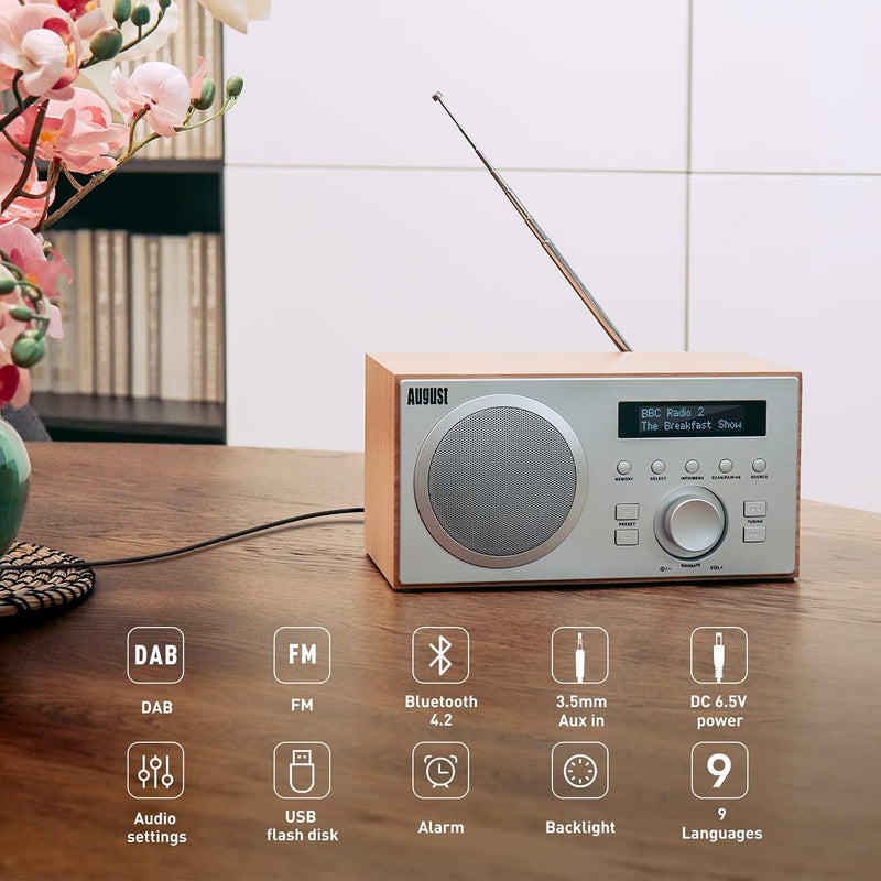 DAB+/FM Radio mit Bluetooth-August MB420-Digitales Küchenradio mit Holzgehäuse mit RDS-Funktion 60 P