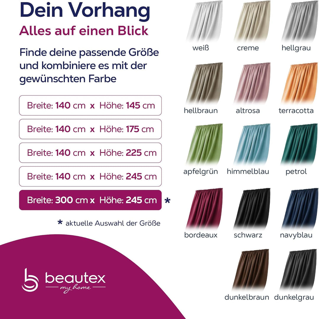 BEAUTEX Verdunkelungsgardine mit Kräuselband U-Band, Blackout Vorhang Blickdicht abdunkelnd, Grösse