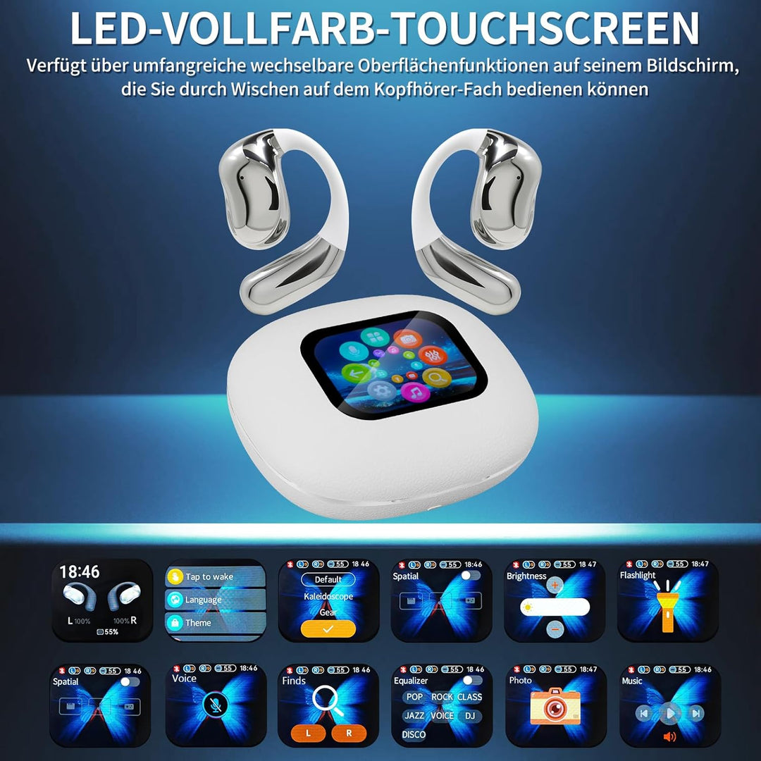 Öffnen Ohrhörer, Open Earbuds mit Touchscreen, Knochenleitung Drahtlose Ohrhörer, Bluetooth 5.4, 120