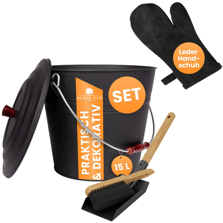 BLACK OAK Ascheeimer Katla 15L – Set Schaufel, Besen & Lederhandschuh schwarz rund mit Deckel gross