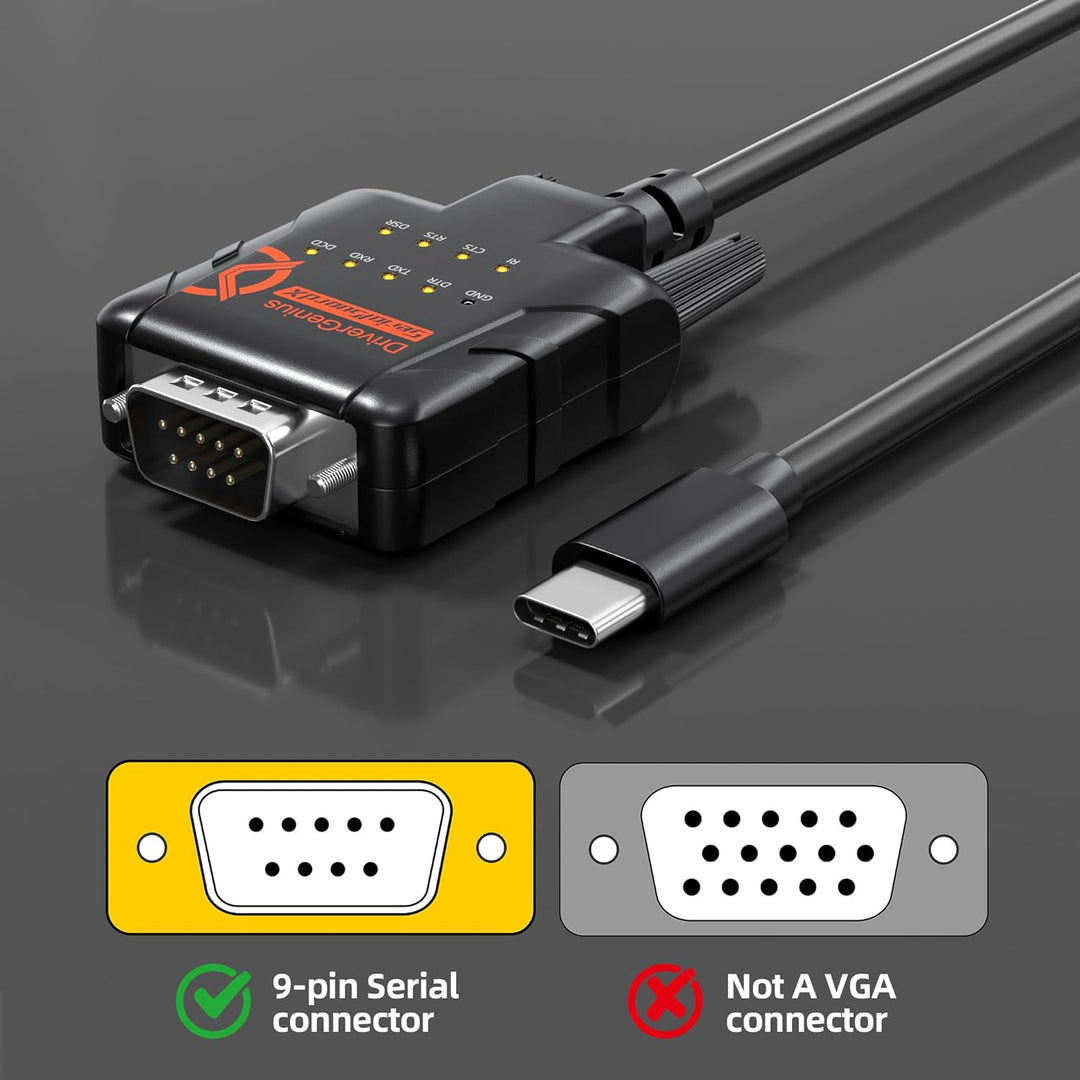 DriverGenius SerialGuardX Series | USB-C zu FTDI RS232 Seriell Adapter, 9 Datenüberwachungs-LEDs, ES