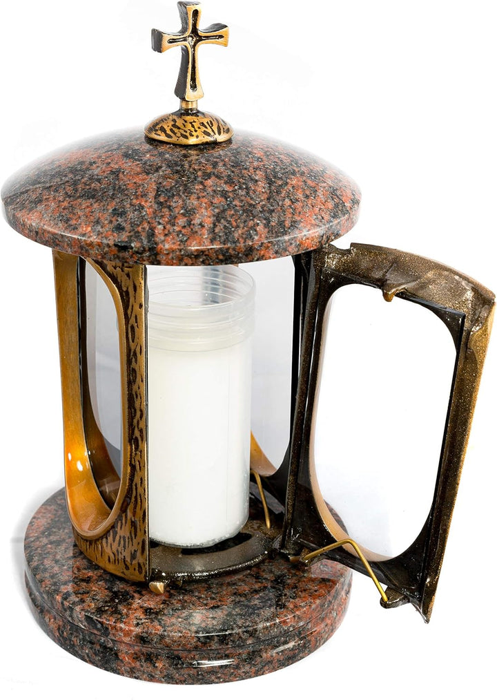 Stilvolle Grablaterne Elégant mit Kreuz Granit Aurora India Höhe 27 cm/Ø 15 cm Grableuchte Grablicht