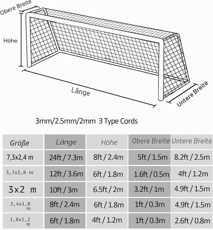 Aoneky Fussballnetz 7,3x2,4M /5,5x2,1M/3,6x1,8M/ 3x2M/ 2,4x1,8m/1,8x1,2M, 3mm/2.5mm/2mm PE Tornetze,