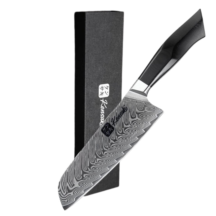 Kensaki Santoku Messer aus Damaszener Stahl Küchenmesser Japanischer Art hergestellt aus 67 Lagen Da