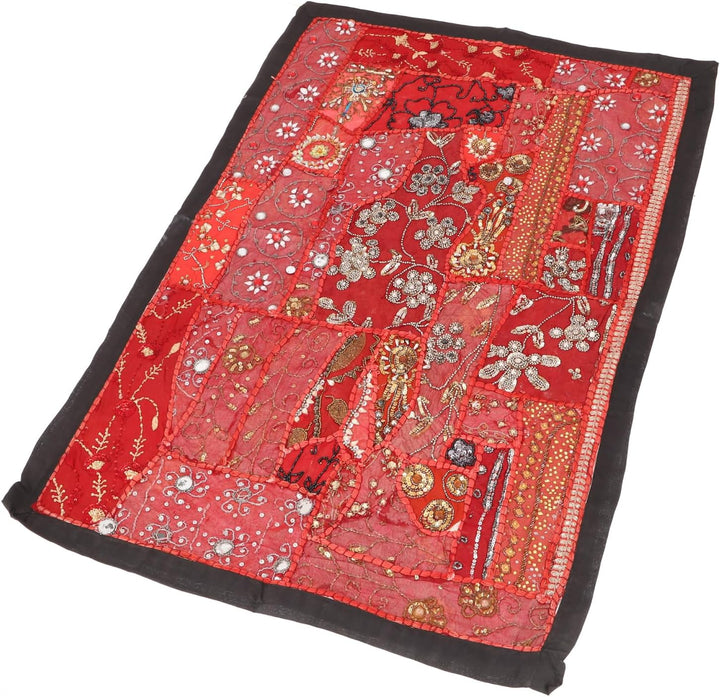 GURU SHOP Indischer Wandteppich Patchwork Wandbehang/Tischläufer Einzelstück 90x65 cm - Muster 9, Be