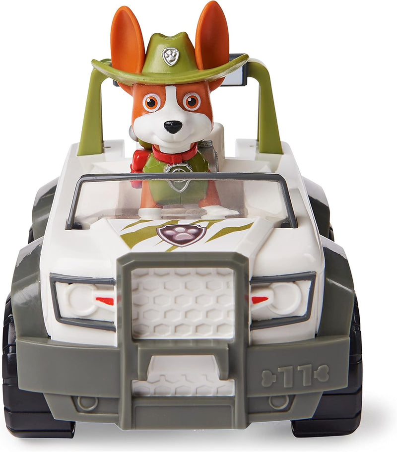 PAW PATROL, 10. Jubiläum, Dschungel-Fahrzeug mit Tracker-Figur (Basic Vehicle/Basis Fahrzeug), Spiel