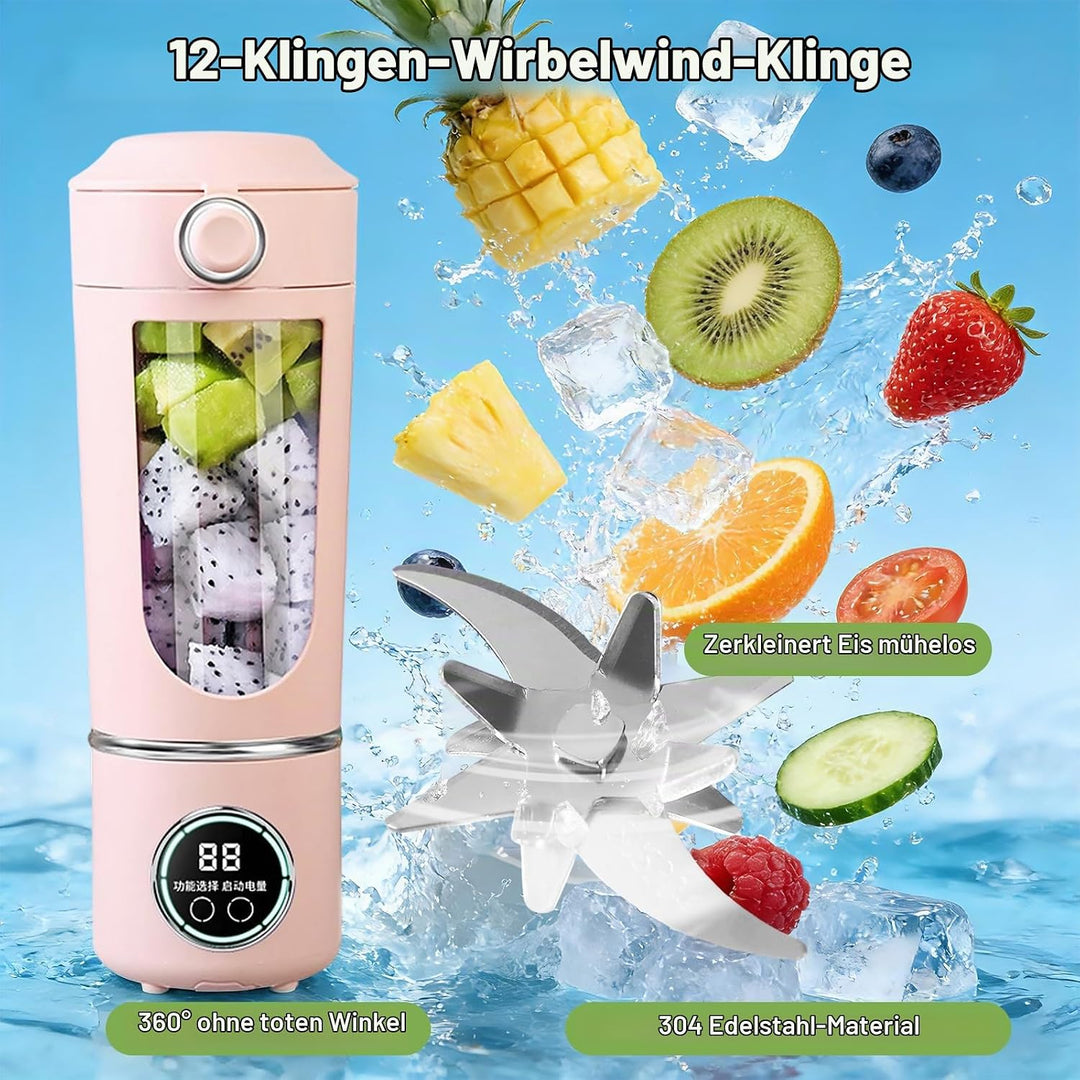 Tragbarer Mixer Smoothie Maker, 700 ml Kleiner Entsafter, Typ-C Wiederaufladbar, mit 12 Rostfreien K
