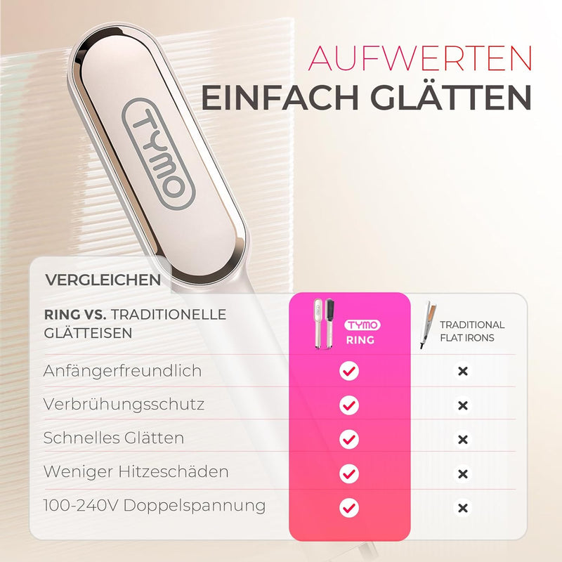 TYMO Glättbürste, Haarglättungsbürste, schnelles Aufheizen, 5 Heizstufen, automatische Abschaltung,