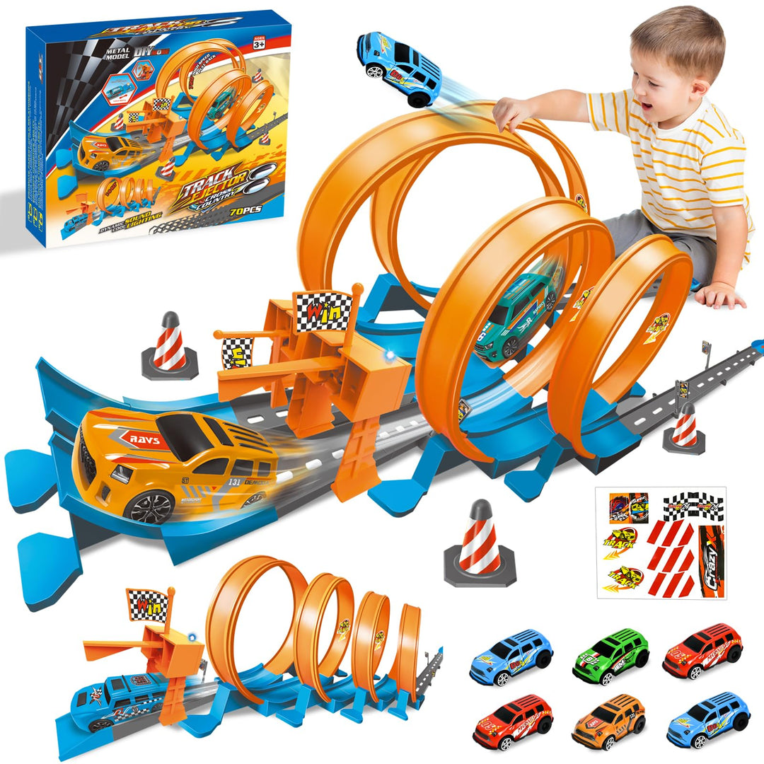 Ulikey Autorennbahn Kinder, Spielzeugauto Trackset mit Licht und Sound, Auto Rennbahn Spielzeug mit