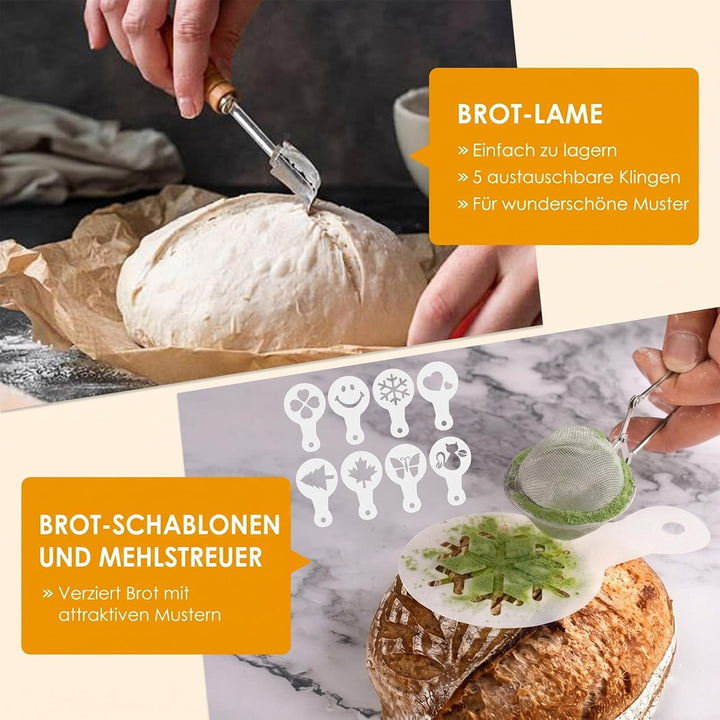 Sauerteig Starter Set, Rund & Oval Gärkörbchen mit Komplettem Brotback-Set, Glas für Sauerteigstarte