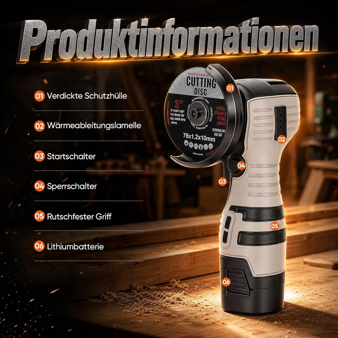 Mini Winkelschleifer Akku, 28500 U/min Bürstenloser Motor, 3 Zoll/76mm Akkuflex mit 2x 2000mAh Akkus