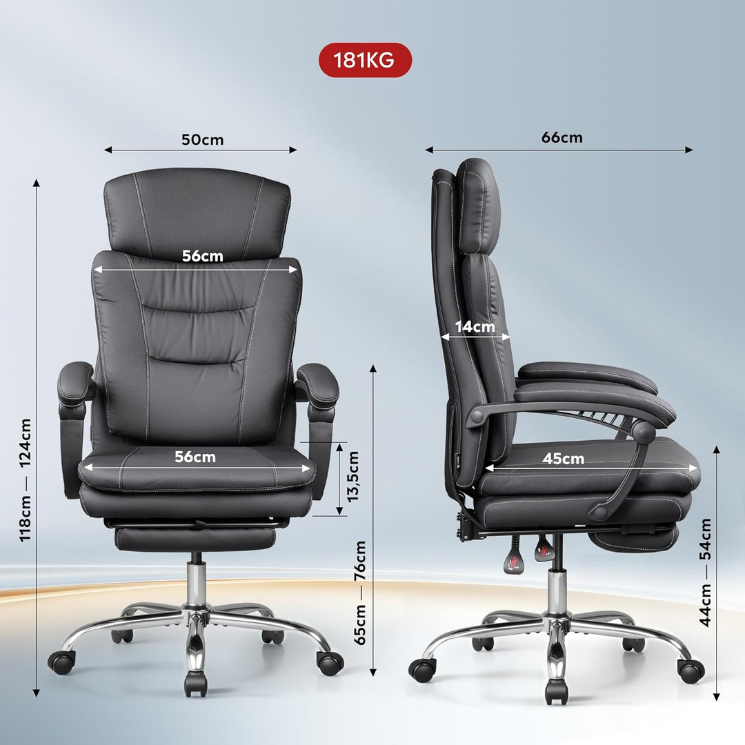 DEVAISE Chefsesse PU Leder, Bürostuhl Ergonomisch mit Fussstütze und Lendenwirbelstütze, Wippfunktio