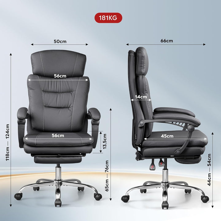 DEVAISE Chefsesse PU Leder, Bürostuhl Ergonomisch mit Fussstütze und Lendenwirbelstütze, Wippfunktio