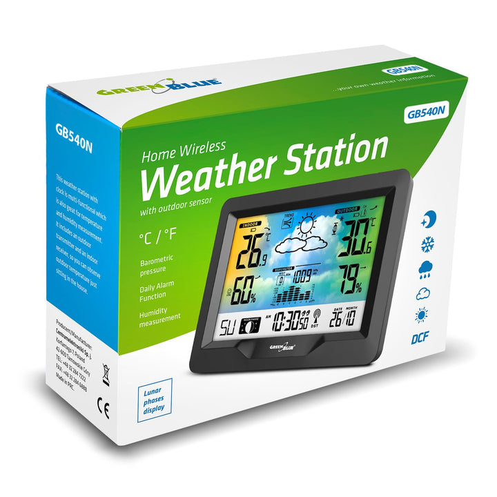 Green Blue GB540N Wetterstation mit Farbdisplay DCF Funkuhr | Innen- und Aussentemperatur, Wettervor