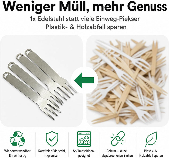 Pommesgabel 10 Stück mit Holzbox Pommesgabeln aus rostfreiem Edelstahl ideal für Pommes, Wurst oder