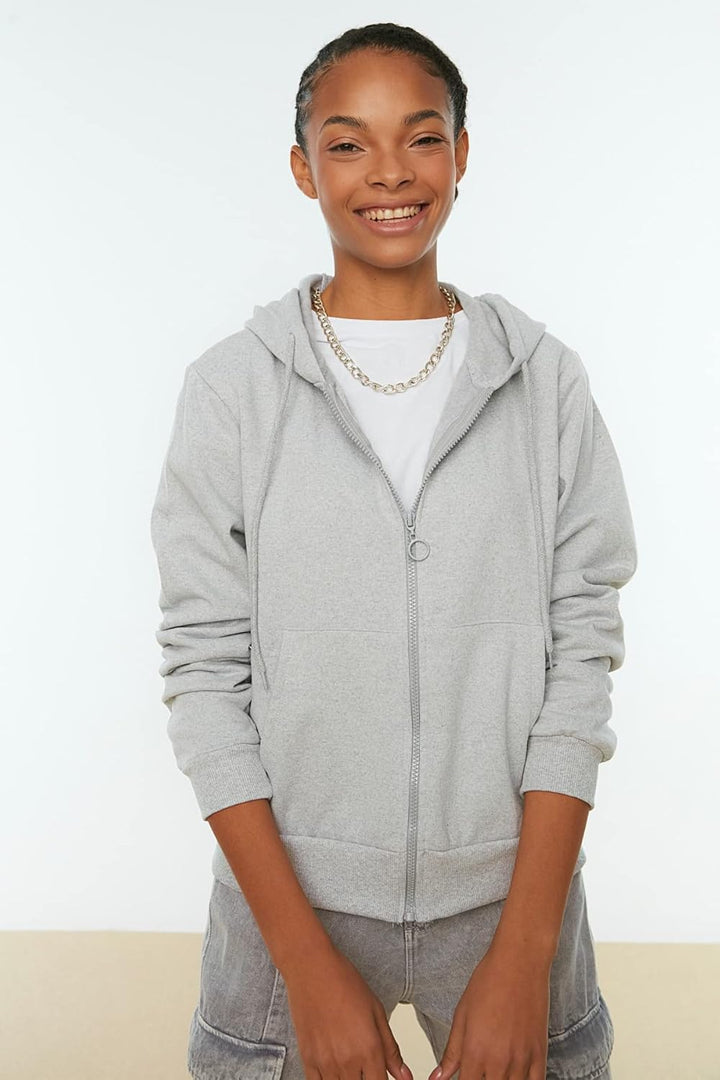 TRENDYOL Damen Kapuzen-Basic Gestricktes Schlankes Hooded Sweatshirt M Grau, M Grau