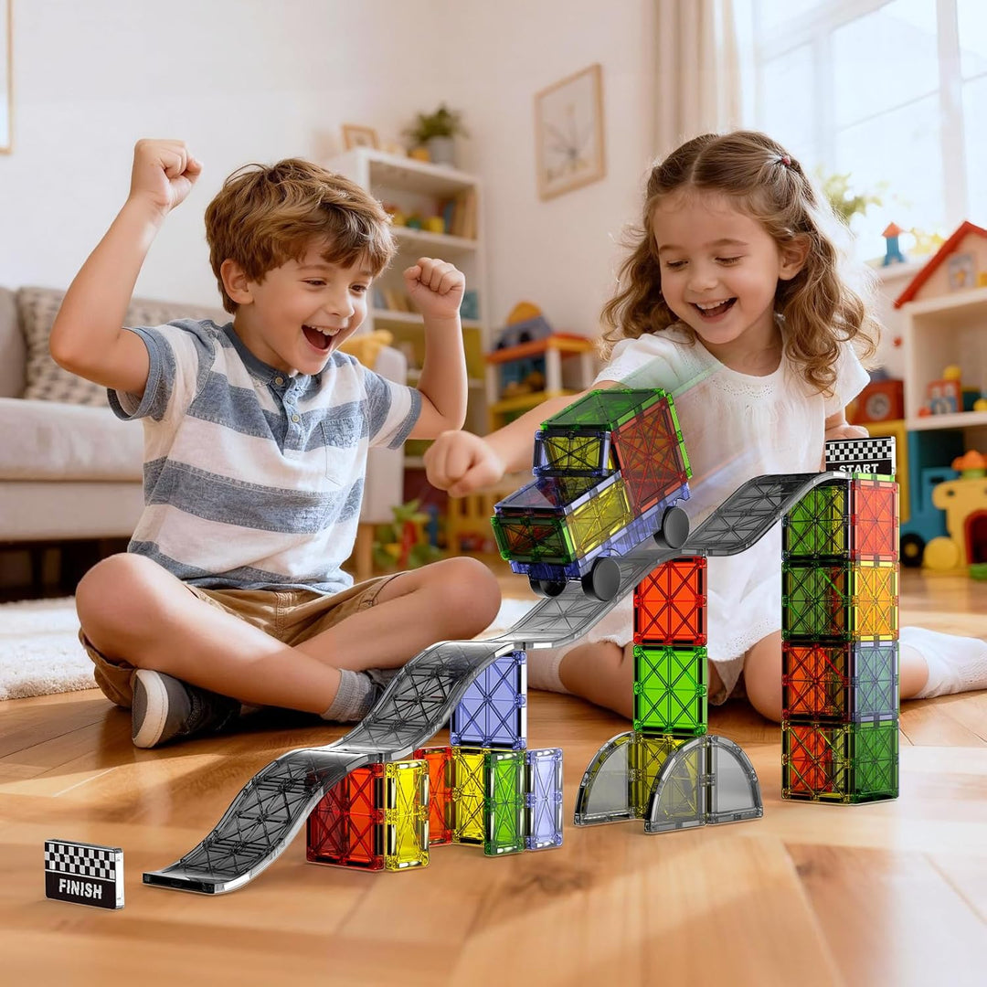Magnetische Bausteine Strassenset, 40PCS Magnetische Fliesen Stadtbaukasten mit Magnetauto, Magnetbl