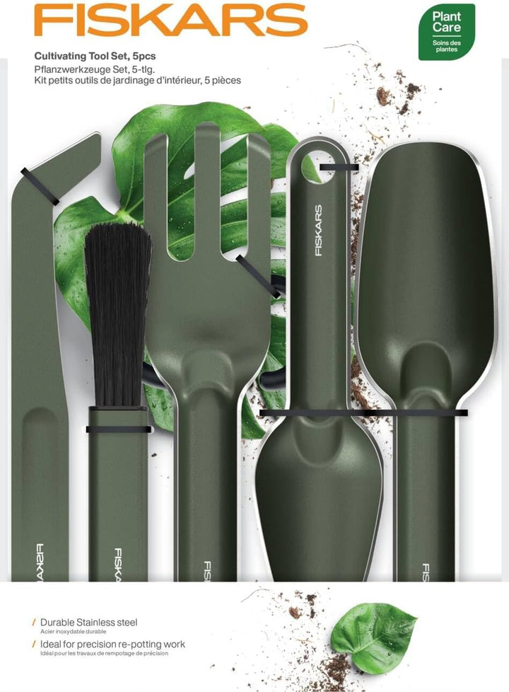Fiskars Urban Plant Care Pflanzwerkzeuge Set, 5-TLG, All-in-One-Kit für Zimmerpflanzen, Platzsparend