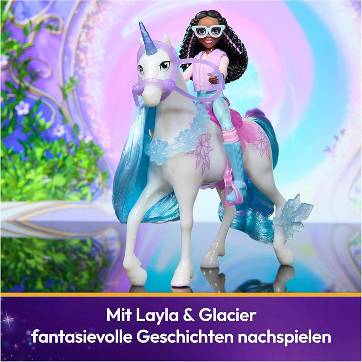 Unicorn Academy Set - Layla und Einhorn Glacier mit echter Mähne und Schweif sowie Bürste, ca. 12 cm