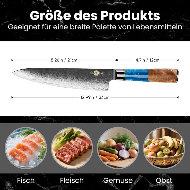 KAZUSHI Kochmesser, Profi Messer, Scharfe Küchenmesser Chefmesser, Klingenlänge 21 cm, Holzgriffe au