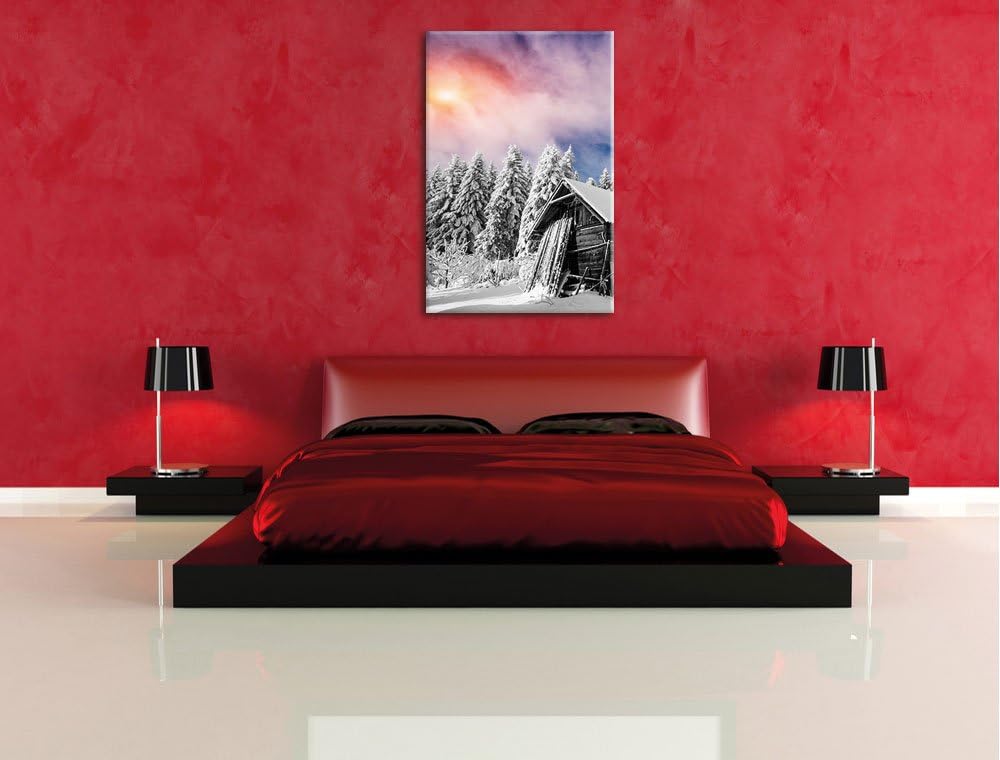 Pixxprint Einsame gemütliche Holzhütte im Schnee, Format: 80x120 auf hochkantiges Leinwand, XXL ries