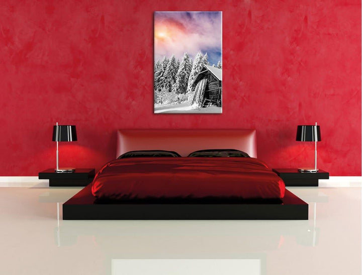 Pixxprint Einsame gemütliche Holzhütte im Schnee, Format: 80x120 auf hochkantiges Leinwand, XXL ries