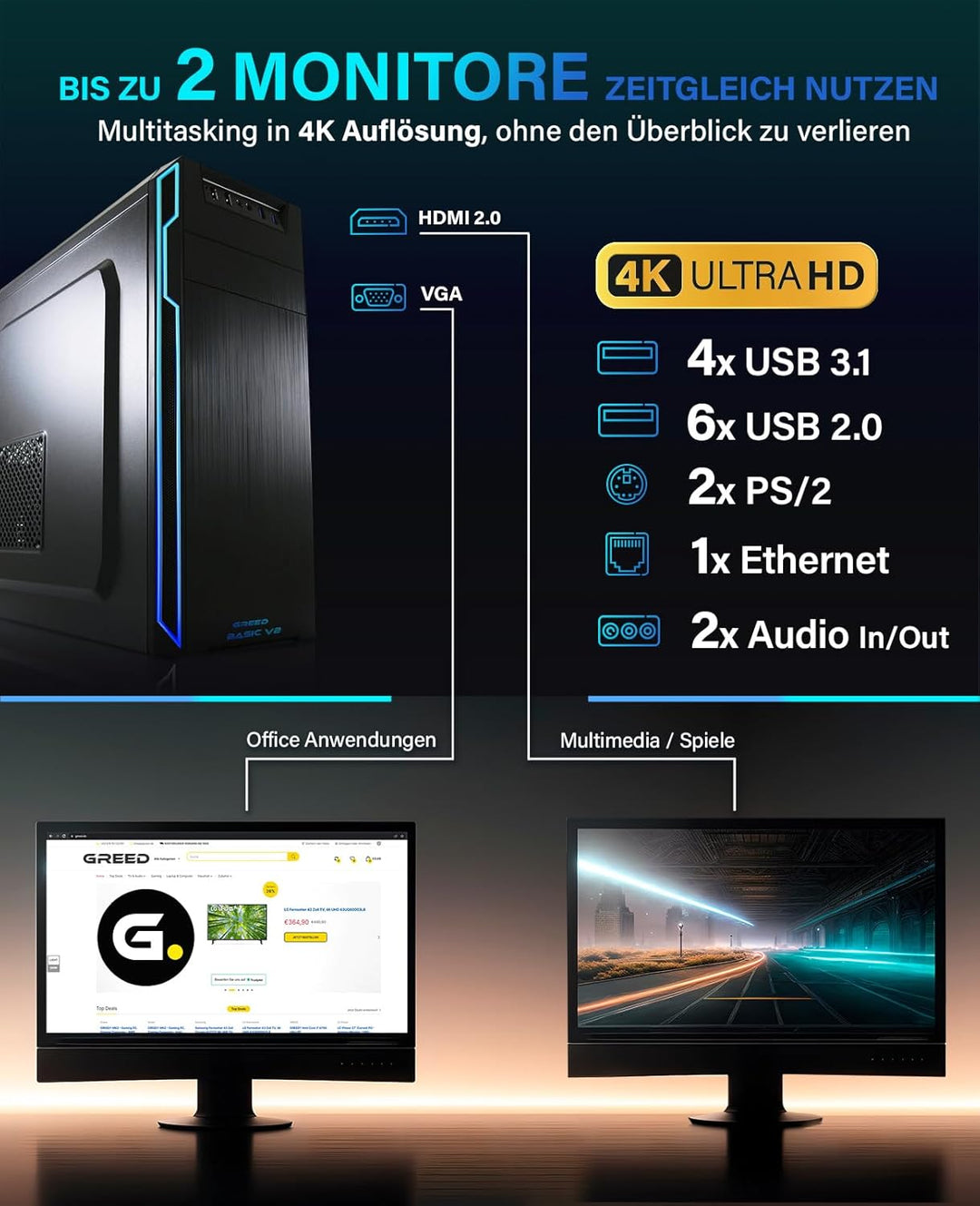 Greed® Ultra V2 PC mit Intel Core i7 10700F - Schneller Rechner - Computer für Büro & Home Office mi