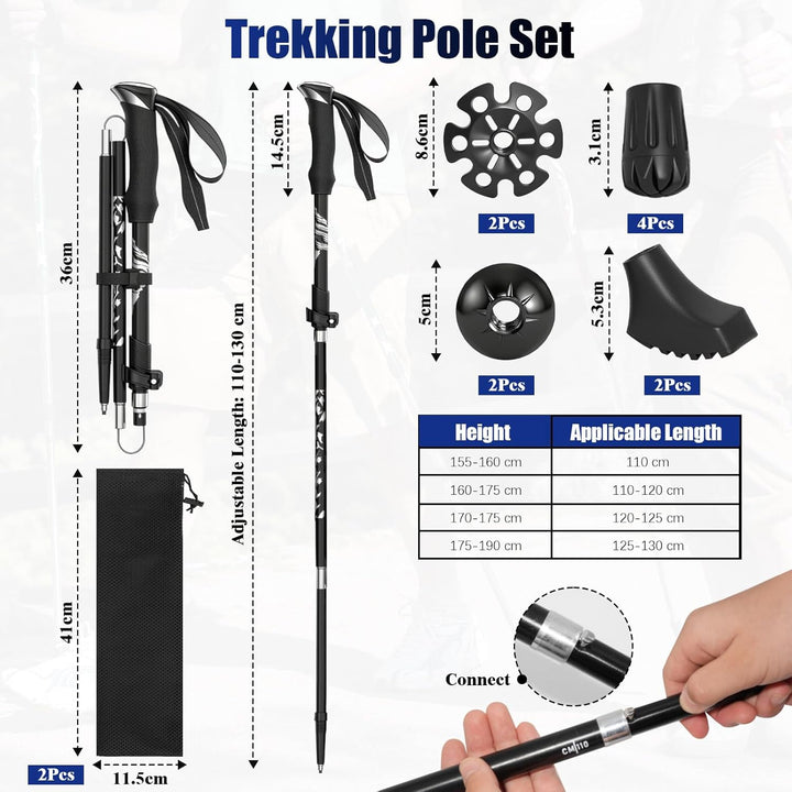 2 Stück Wanderstöcke Faltbar, Trekkingstöcke Aluminium, Verstellbar 110-130cm, Nordic Walking Stöcke