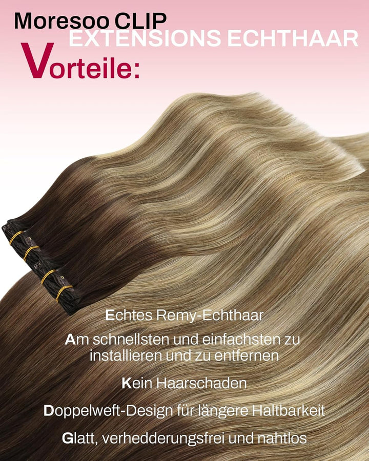 Moresoo Clip in Extensions Echthaar Remy Braun Extension Echthaar Clips Dunkelbraun bis Hellbraun mi