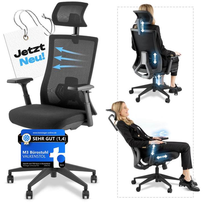 VALKENSTOL M3 Komfort Ergonomischer Bürostuhl 150 kg – [Höhenverstellbare Lordosenstütze] Schreibtis