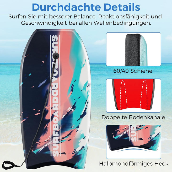 COSTWAY Bodyboard für Kinder, Surfbrett mit EPS-Kern, XPE-Deck, HDPE-Unterseite &amp; Handgelenkschlaufe