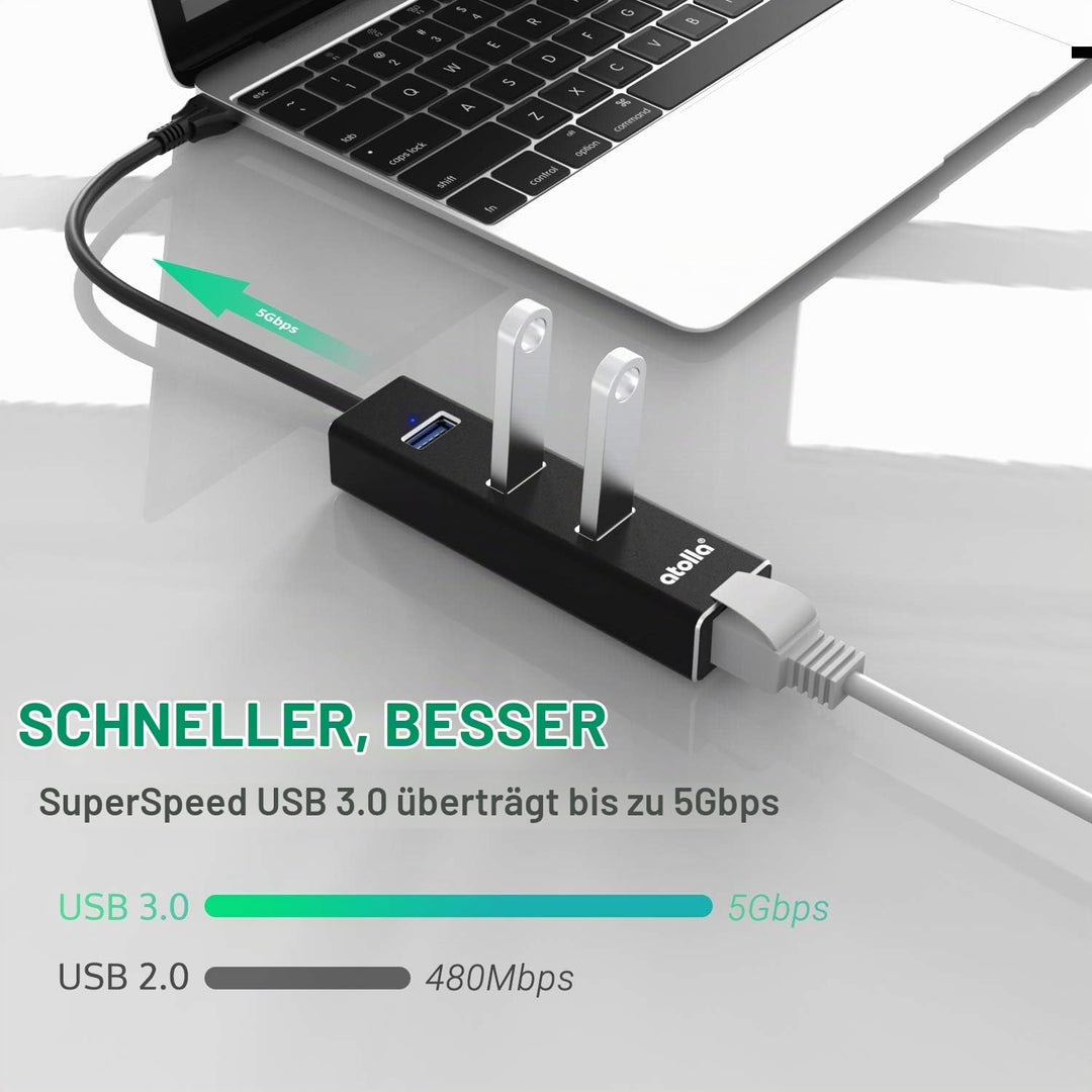 atolla USB LAN Adapter, Aluminium USB Hub mit 3 USB 3.0 Ports und RJ45 Gigabit Ethernet Netzwerkadap
