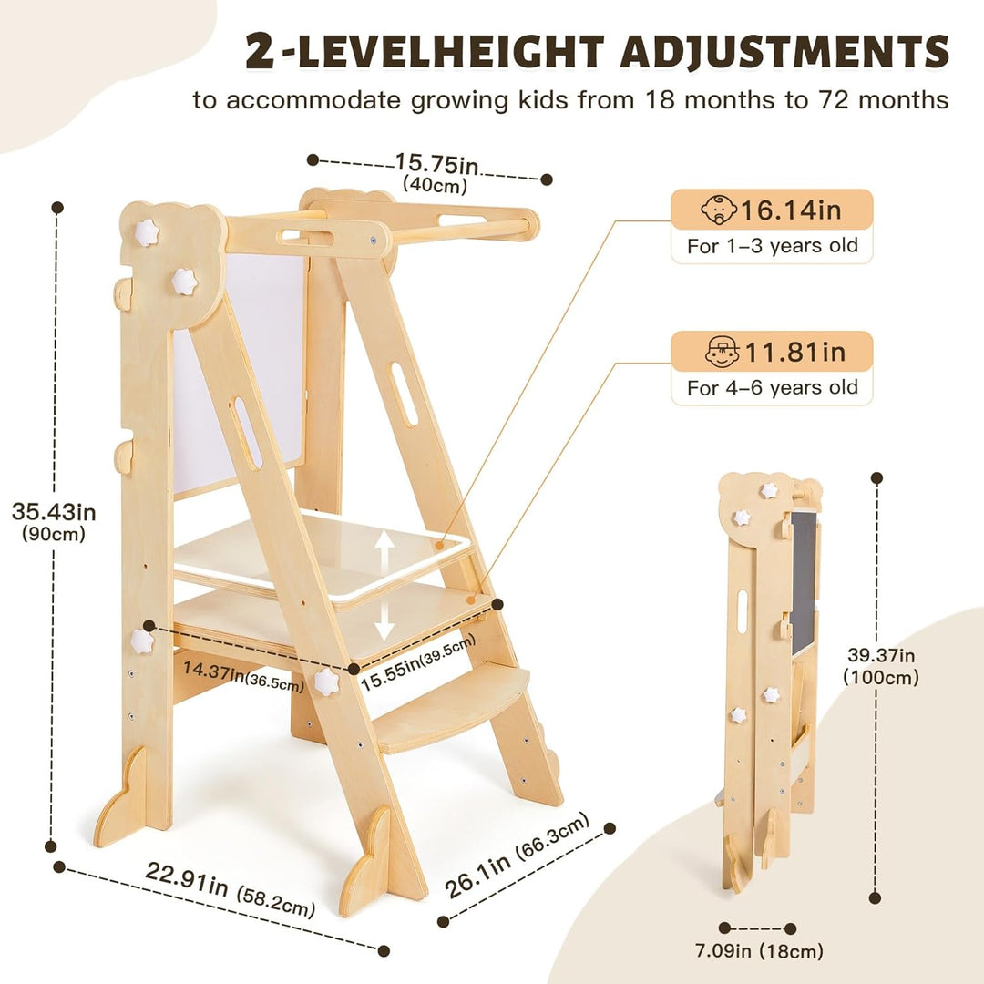 labebe Klappbar Lernturm für Kinder, Montessori Learning Tower mit Zweiseitige Tafel, 3 in 1 Einstel
