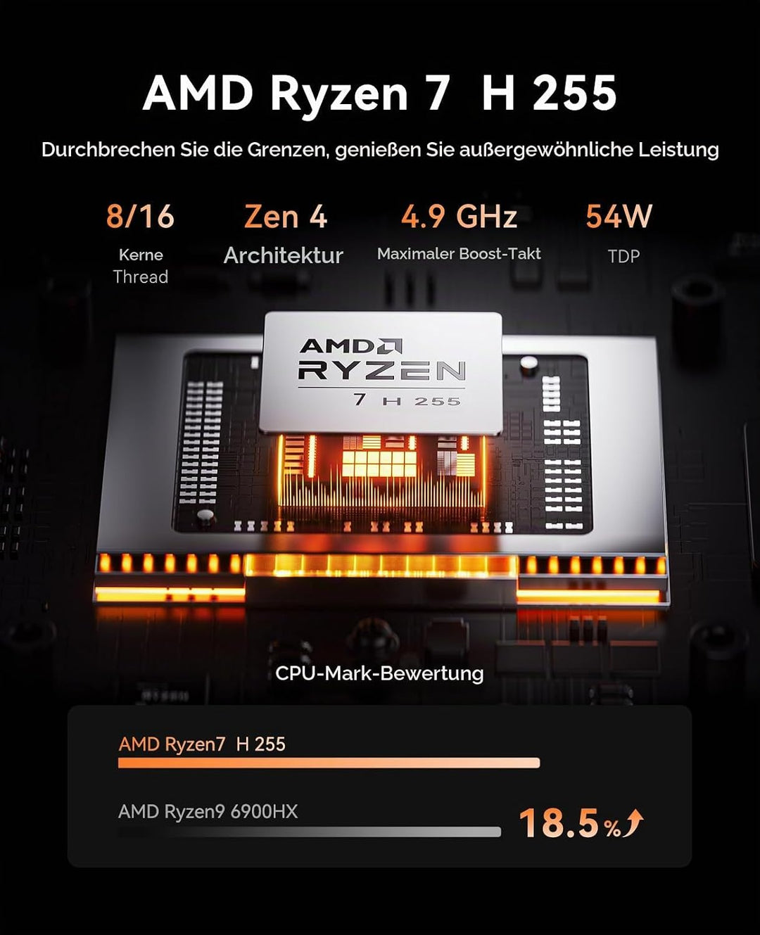 ACEMAGIC W1 Mini PC,AMD Ryzen 7 H255(8C/16T, bis zu 4,9 GHz),16GB LPDDR5 (6400MT/s) 512GB NVMe SSD M