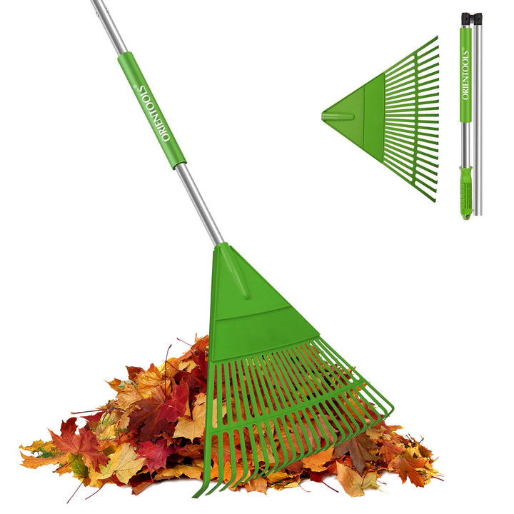 ORIENTOOLS Garten Laubrechen, Garten Rechen für Rasen Laub mit Faltbarer Griff 120 bis 165 cm Rechen