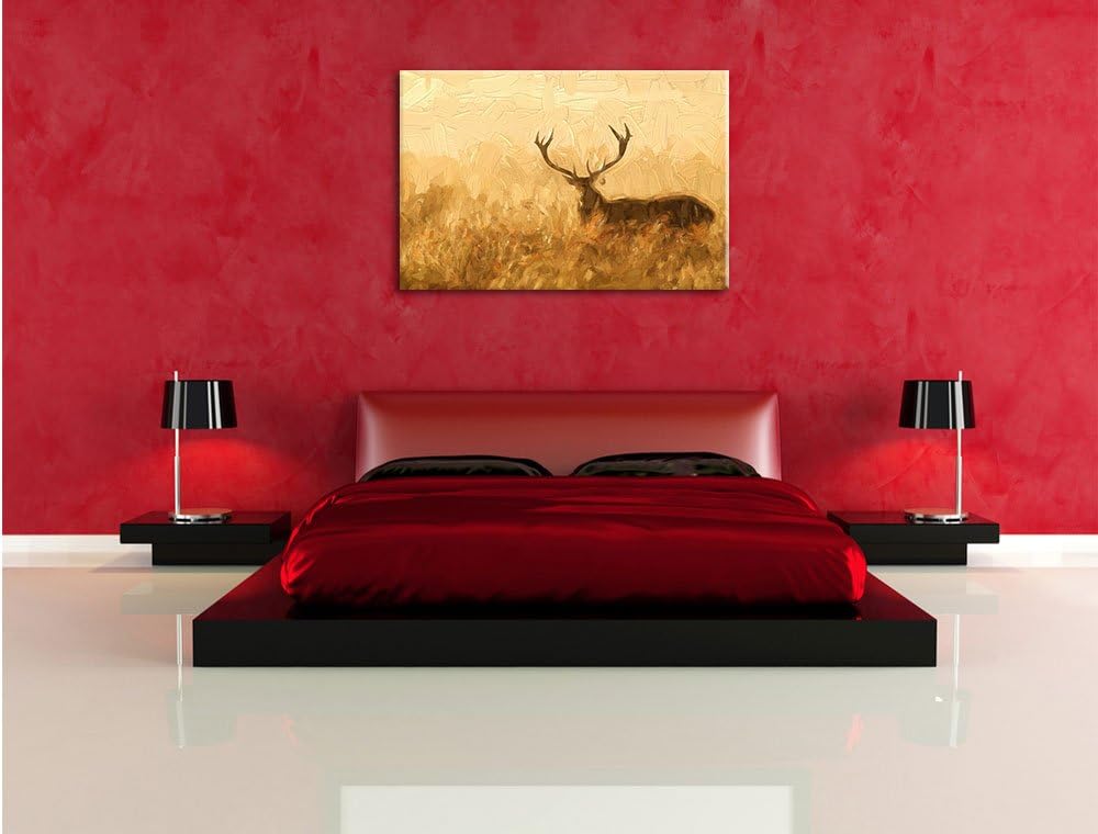 Pixxprint Rotwild Hirsch in Abenddämmerung Kunst Pinsel Effekt, Format: 100x70 auf Leinwand, 100x70